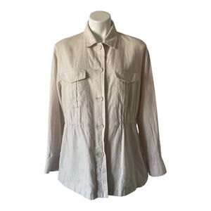 UNIQLO Linen Cotton Utility Jacket Shacket Pockets Cinch Waist Tan Med Safari